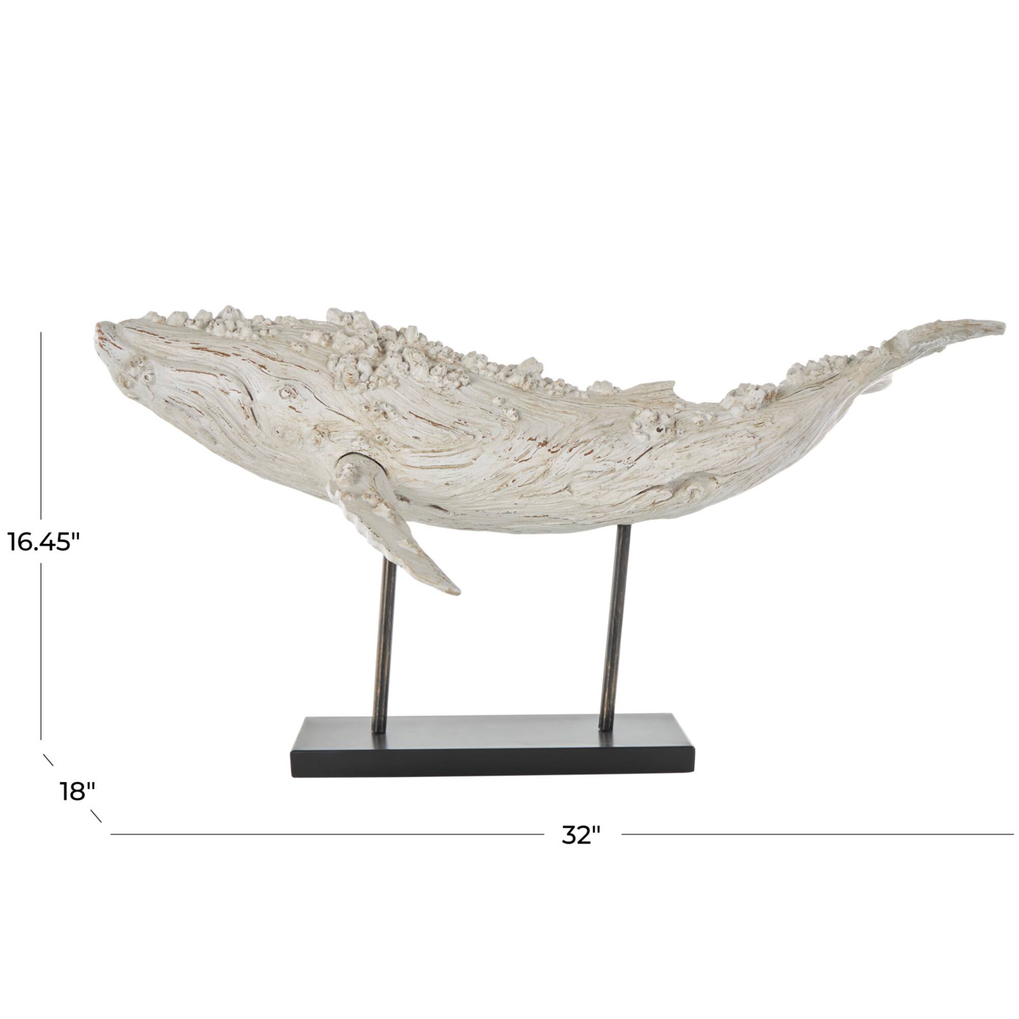32" Cream Polystone Whale Sculpture with Brown Distressing & Black Metal Stand